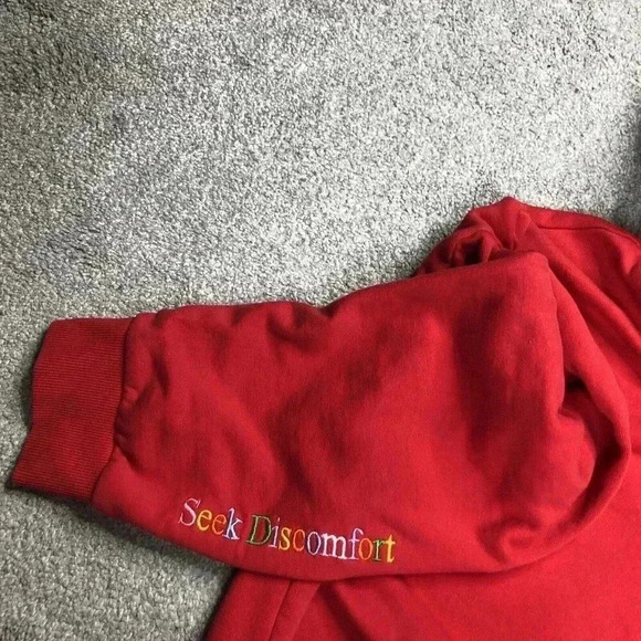 Seek Discomfort Hoodie Sz 2XL Red Color Sweatshirt Embroidered Organic - Picture 10 of 11